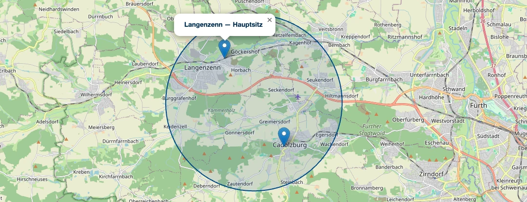 Karte des Winterdienst-Kerngebiets: Langenzenn (Hauptsitz) und Cadolzburg, umschlossen von einem Kerngebiets-Radius